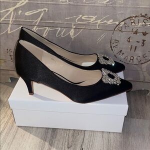 Emjunor Black Satin Heels with Sparkling Crystal Embellishments